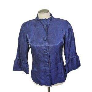 Chicos Blue Sheen Linen Blend Buttoned Lightweight Lined Jacket Size 0 US XS